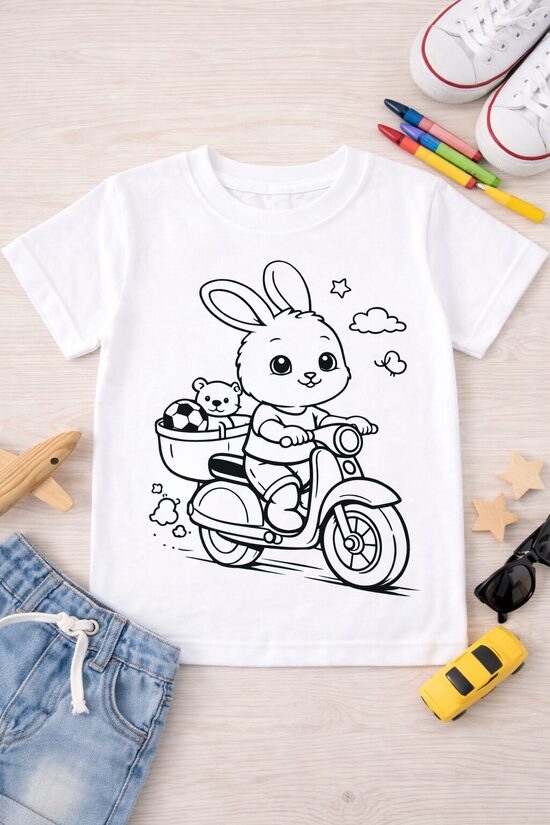 Spalvinimo marškinėliai Kiškis su motoroleriu